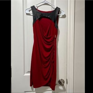 GUESS black leather top stretchy red rippled side slit dress